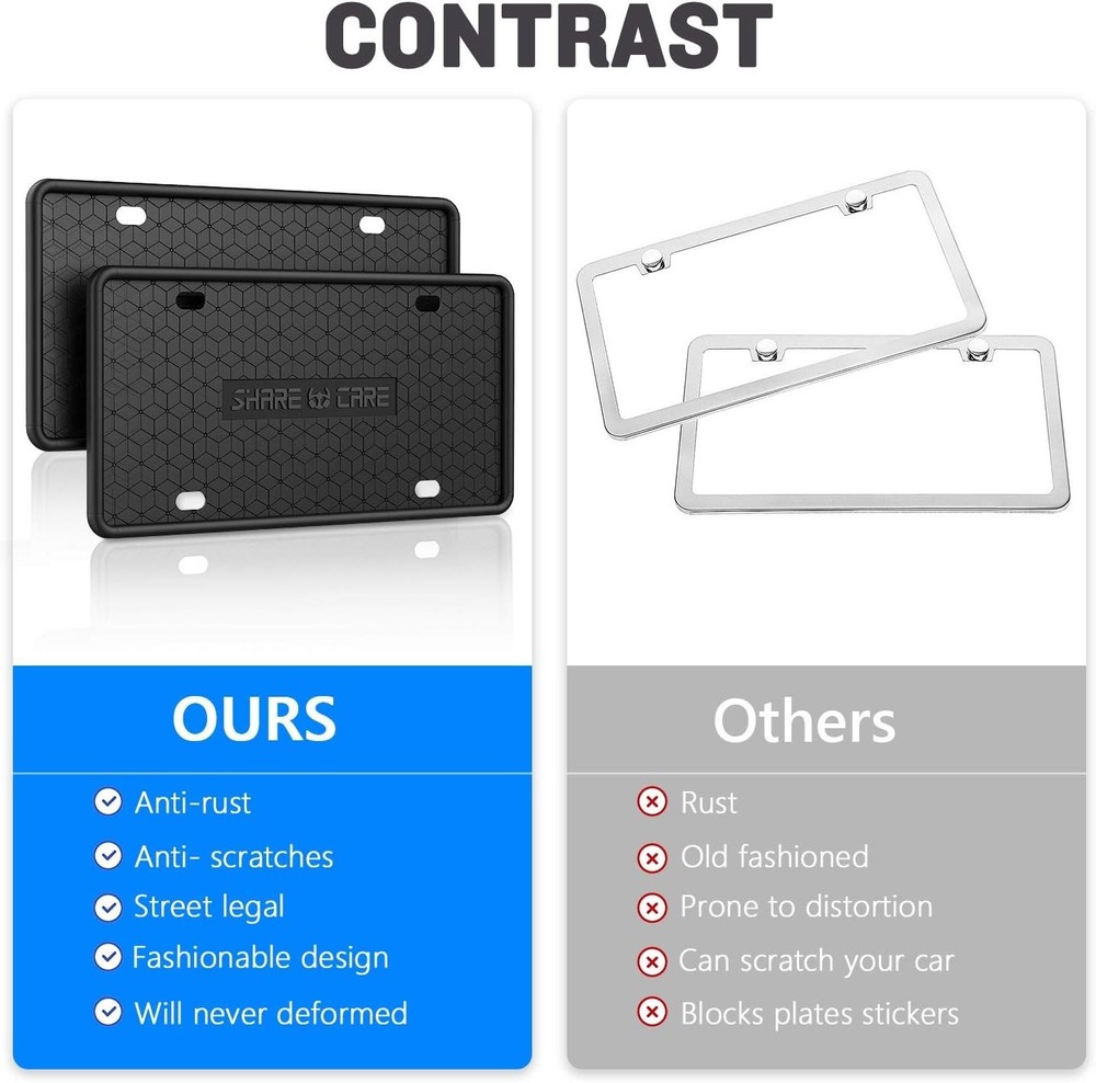 2 Pack Silicone License Plate Frame - Rust Proof & Weather Proof - Black