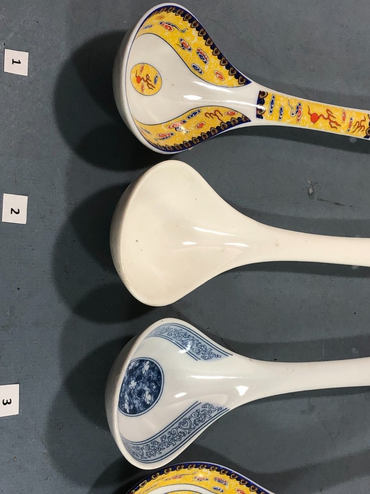 6 Large Different pattern Chinese Ceramic Serving Soup Spoons . choice of 2 each