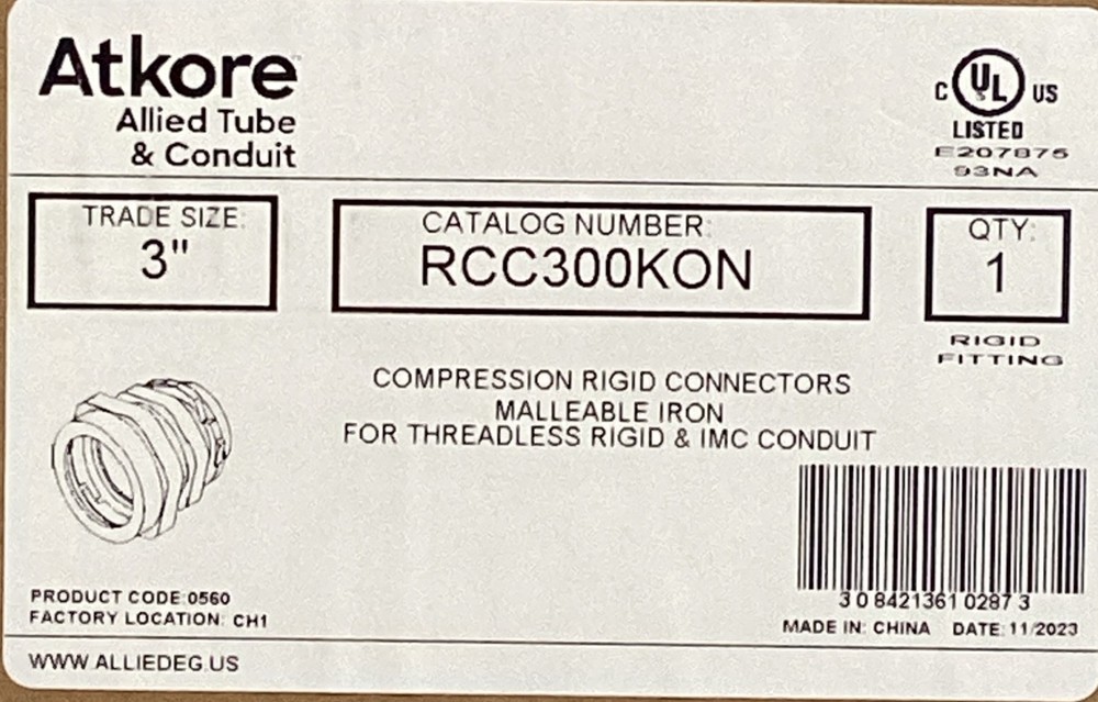 RCC300KON Atkore 3" Threadless Rigid Compression Connector
