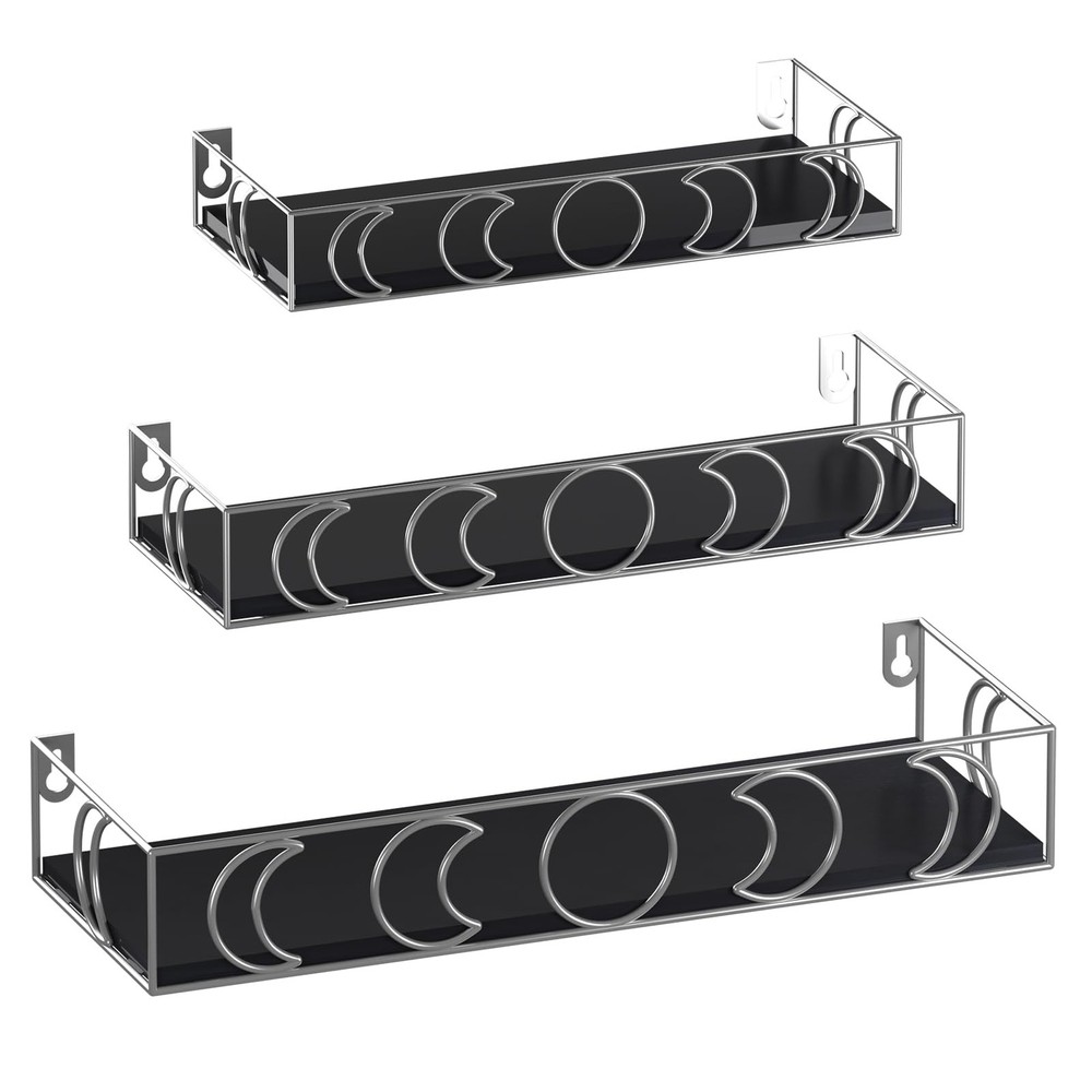 Moon Phase Small Floating Wall Shelves 3-Pack, Black  Silver Decorative Display