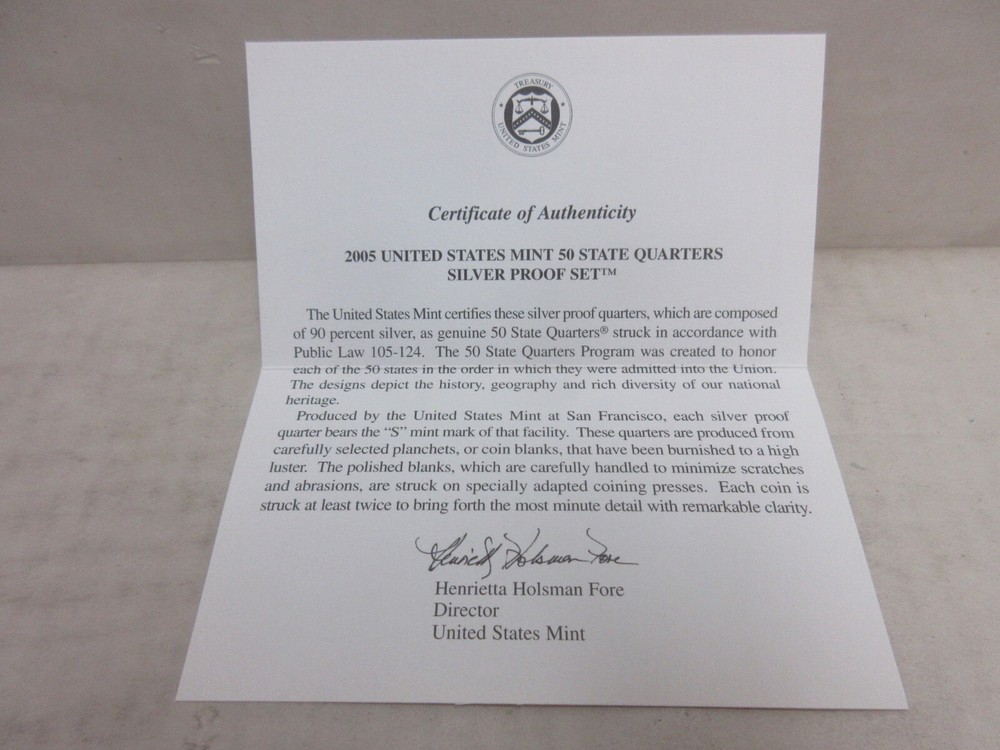 EMPTY PACKAGING Box Lenses & COA for 2005 US 50 State Quarters Silver Proof Set