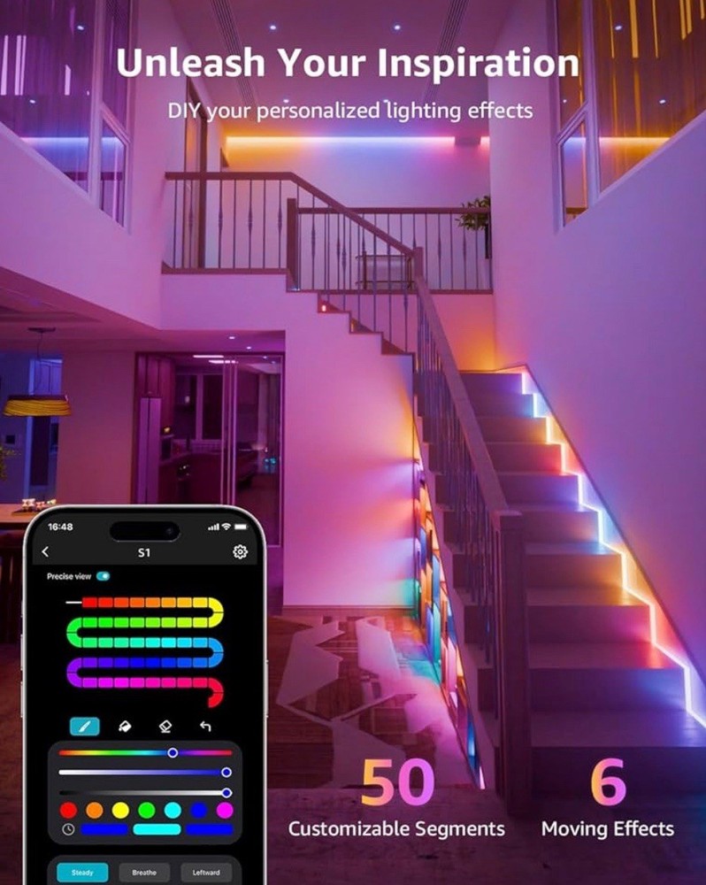 32.8ft LED AI Generated Light Strips W/Rainbow Color Effects, Wi-Fi & Bluetooth