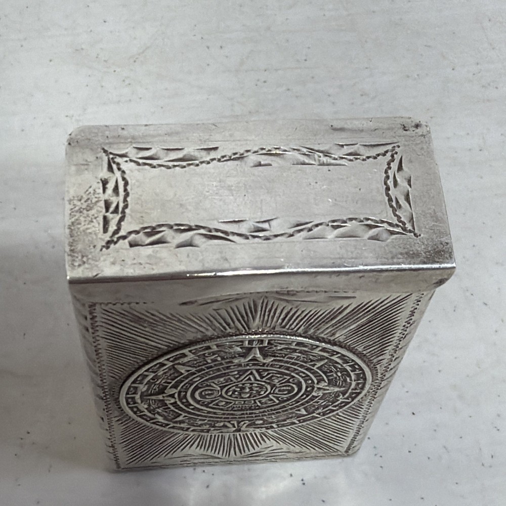 Sterling Silver Matchbox Cover With Aztec Sundial Engraving