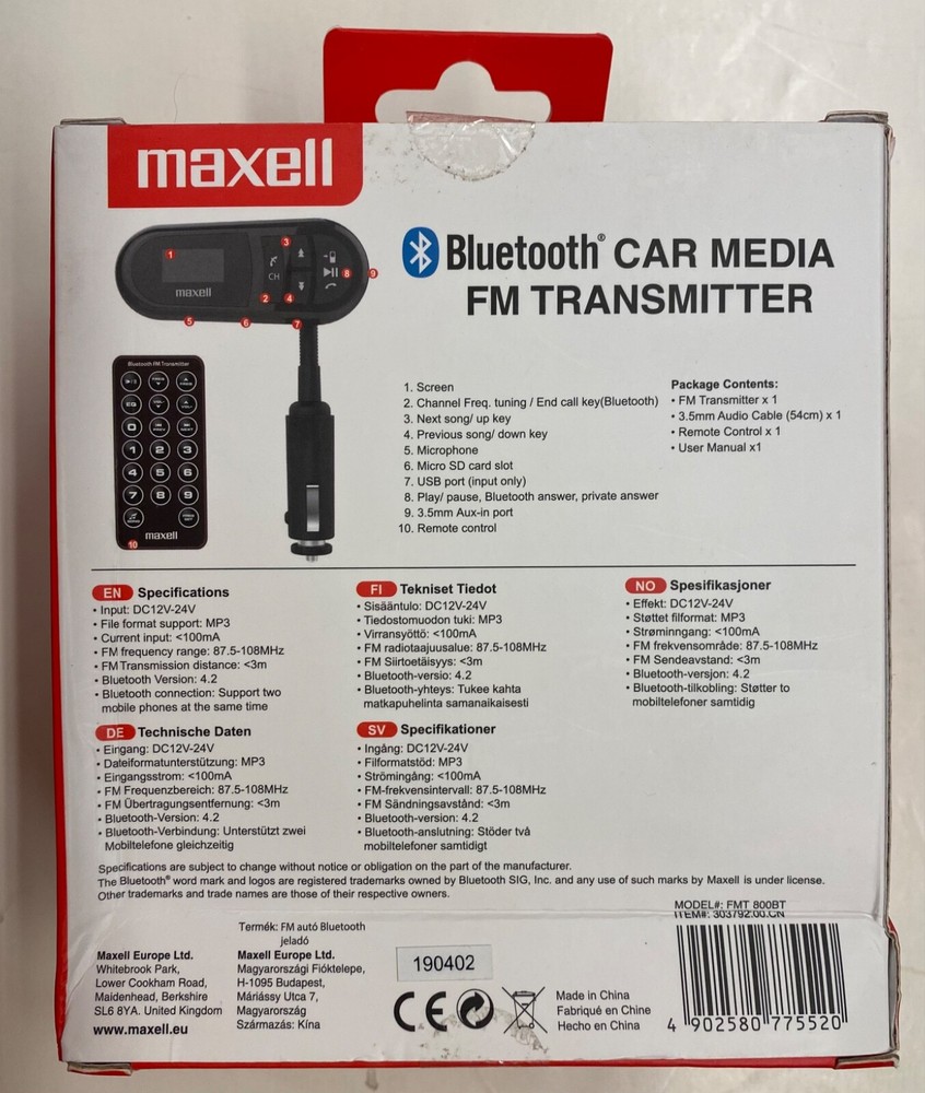 Maxell Bluetooth Car Media FM Transmitter (FMT 800BT)