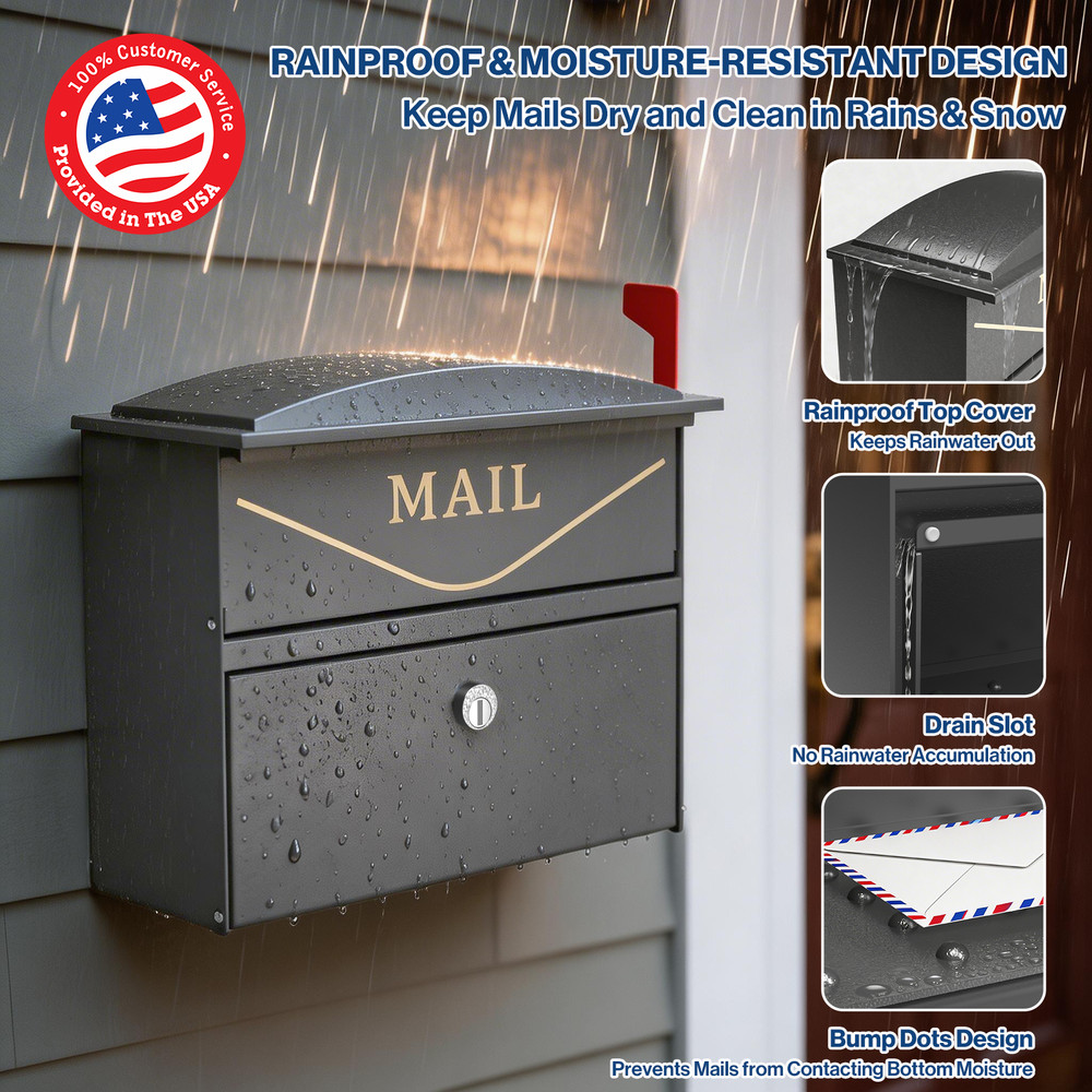 Rainproof Wall Mount Mailbox for Outside, Locking Mailbox w/ Outgoing Flag,Black