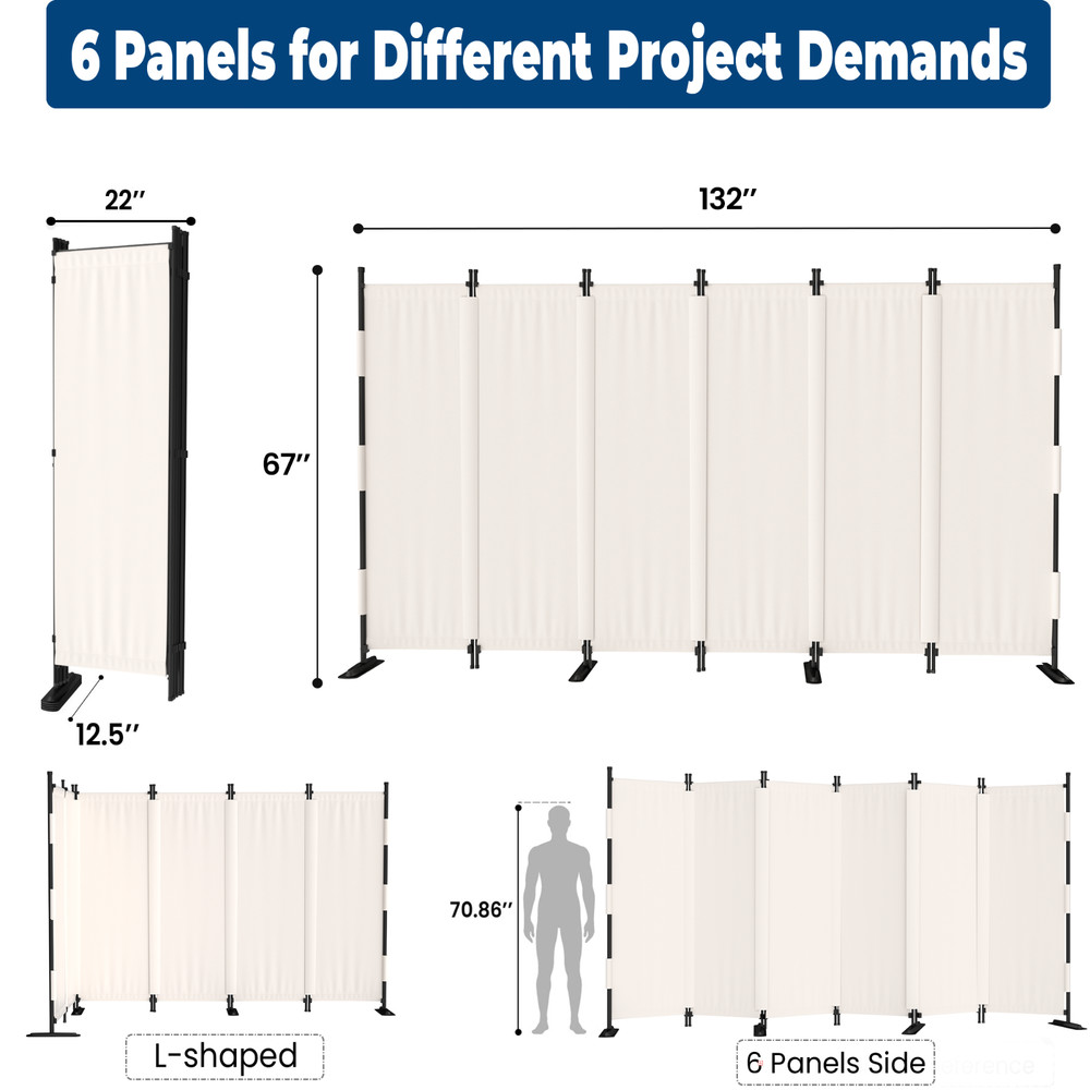 Upgraded Seamless Room Divider 6 Panel Folding Privacy Screens 11', White