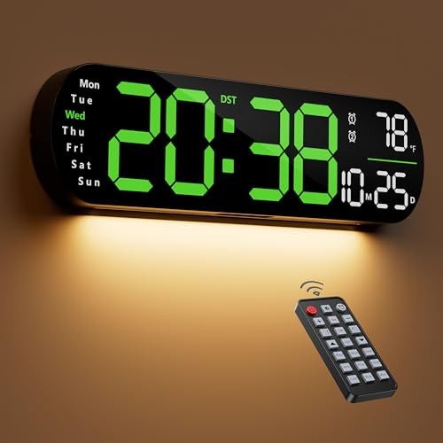 Digital Wall Clock, 13" Large Display Digital Clock with Remote Control, Green