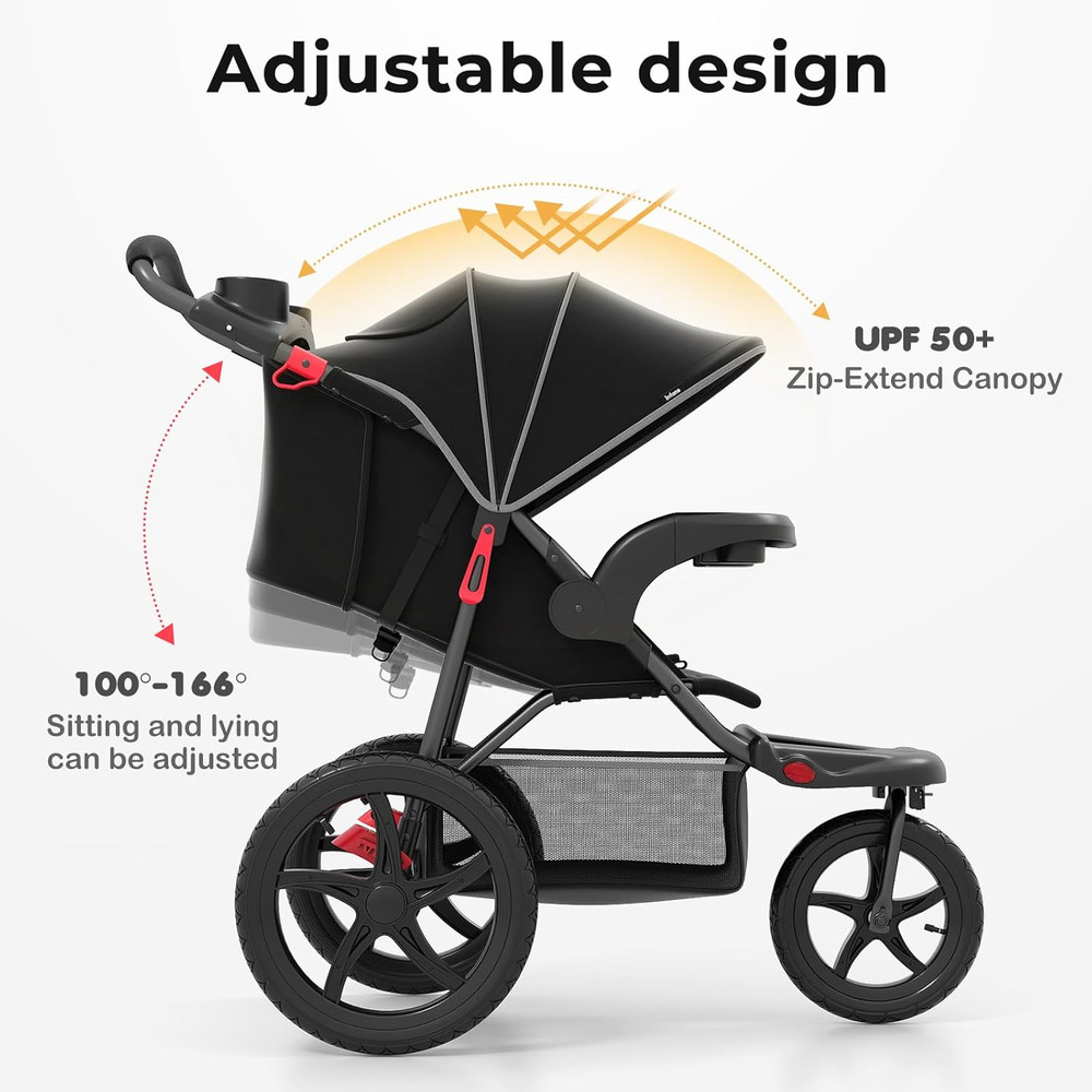 Foldable Jogging Stroller with Air-Filled Tires & Adjustable Backrest