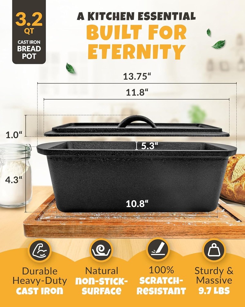 Rectangular Cast Iron Dutch Oven for Baking Bread - 3.2QT Cast Iron Bread Oven