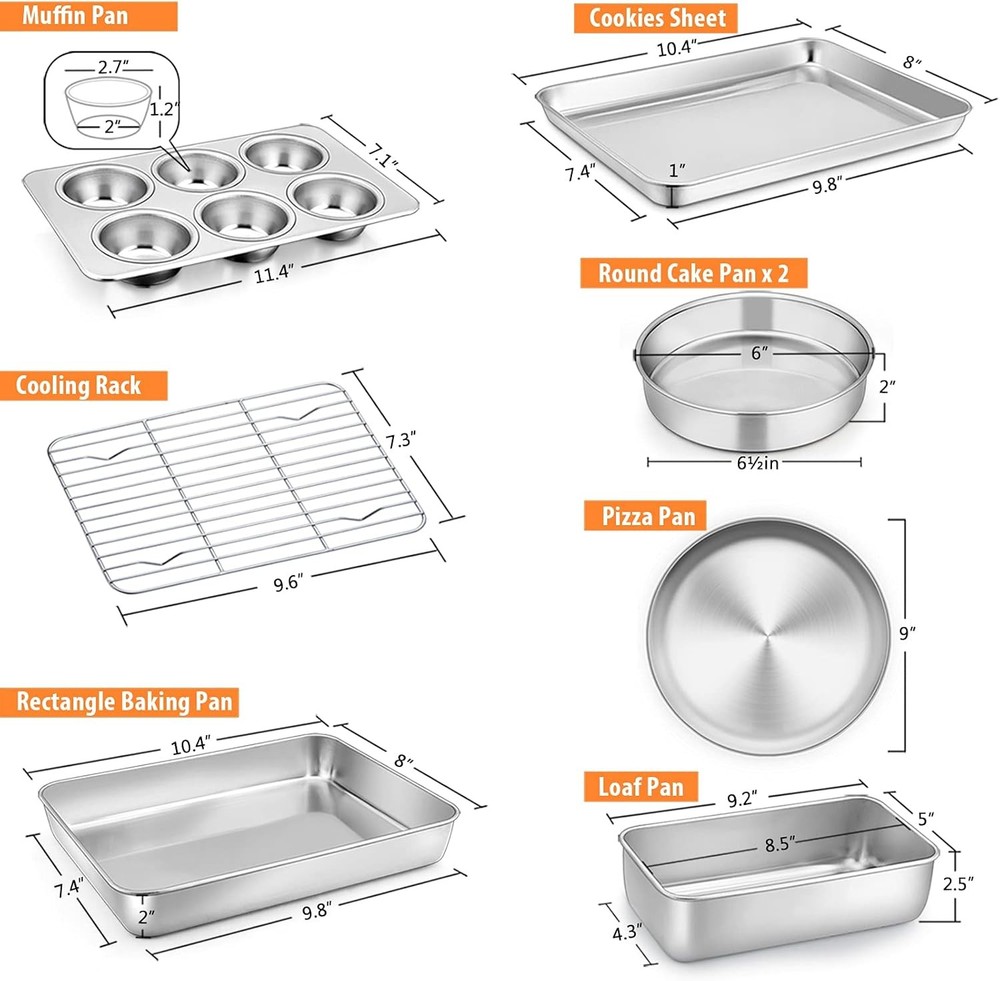 Toaster Oven Bakeware Set 8-Piece Stainless Steel Small Baking Pan Set Include