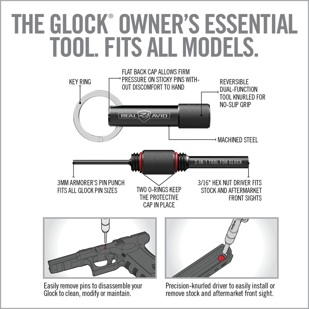 Real Avid 2-in-1 Tool for Glock Handguns, Includes Front Sight & Black