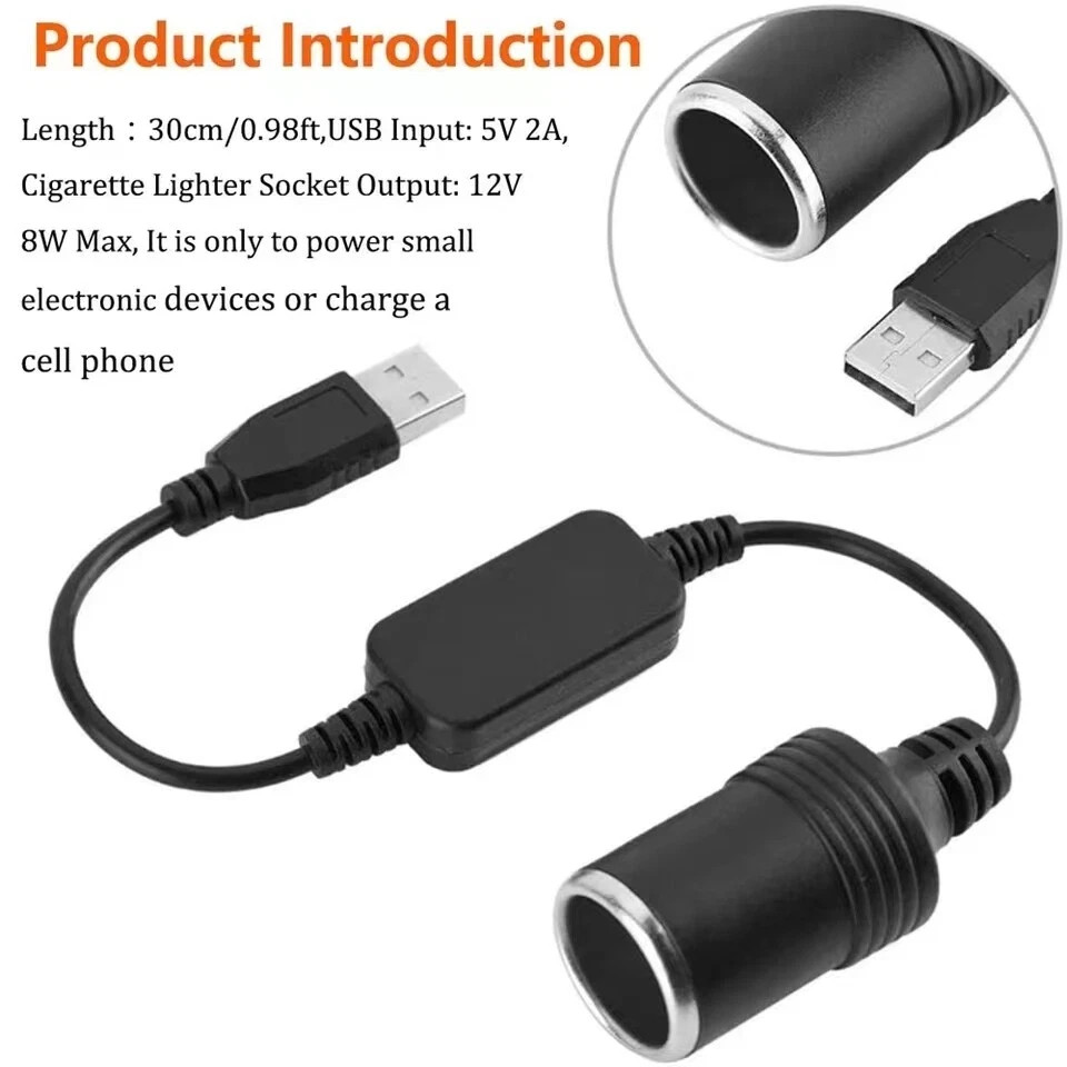 USB To 12V Car Cigarette Lighter Female Socket Converter Adapter Cable Connector