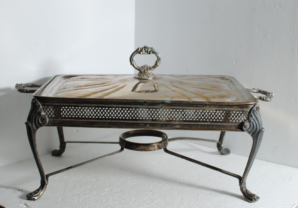 Vintage Silver Plated Footed Rectangular Casserole Serving Tray with Lid  14.25