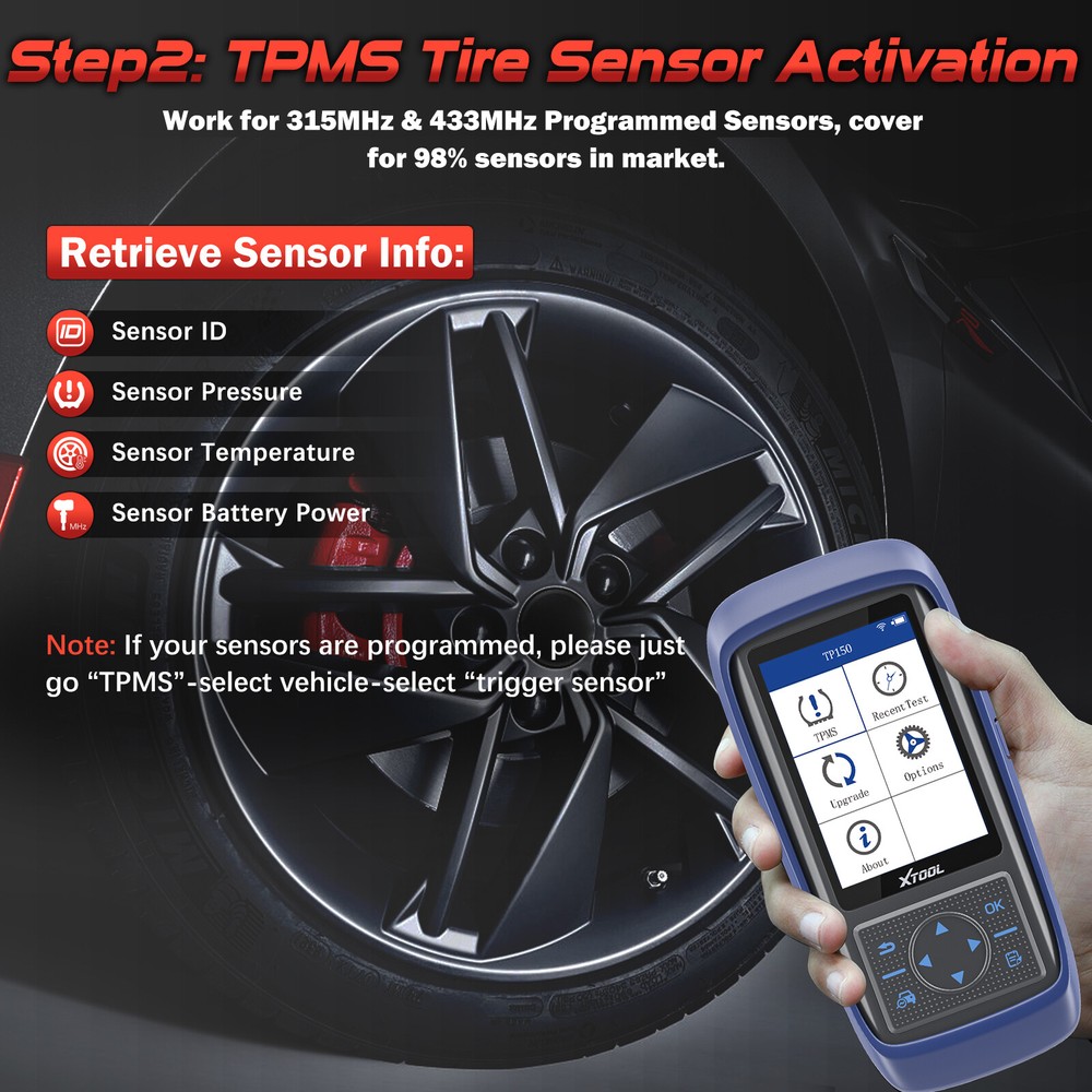 XTOOL TP150 TPMS Programmer Tire Sensor Relearn Tool Tire Pressure Light Reset