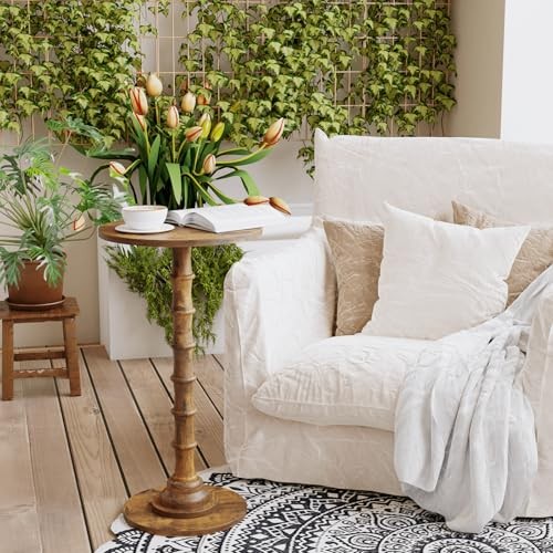 Round Side Table, Modern Drink Table for Small Spaces, Small End Rustic Brown