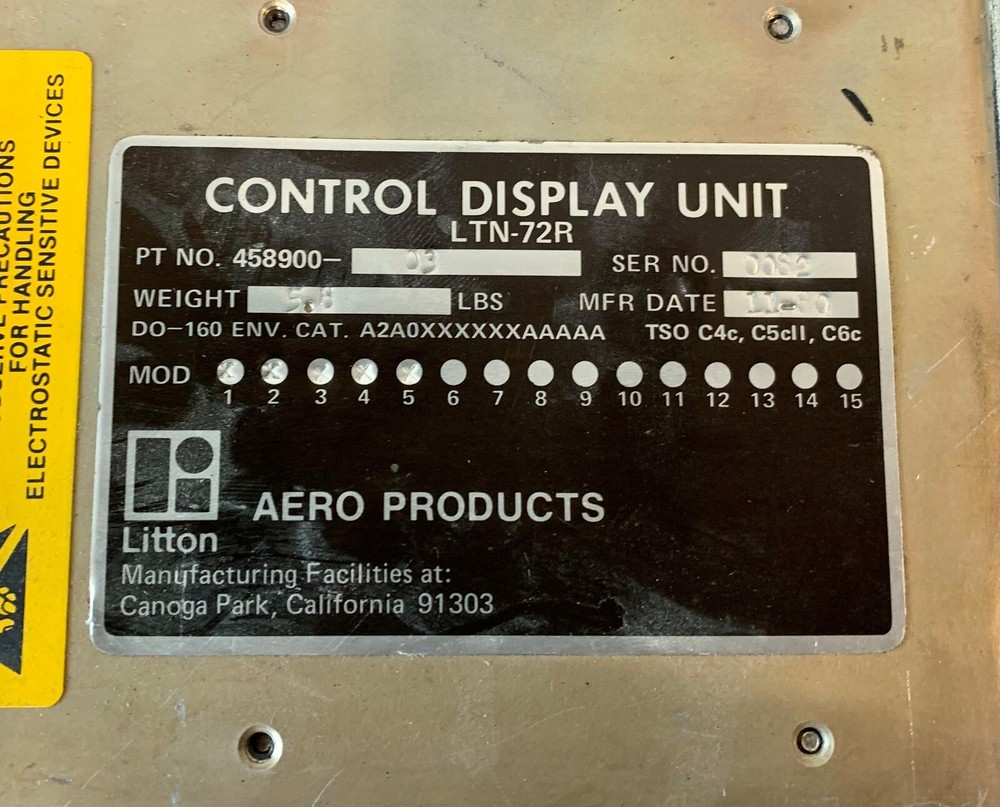 Control Display Unit LTN72R 458900-03 Removed Working