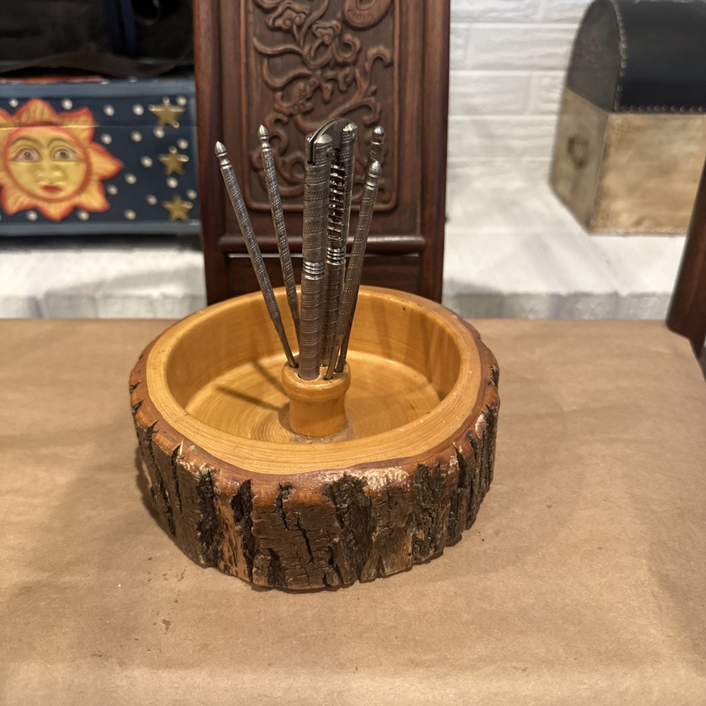 Vintage Nut Bowl Rustic Edge Tree Bark Set with 1 Nutcracker & 4 Picks