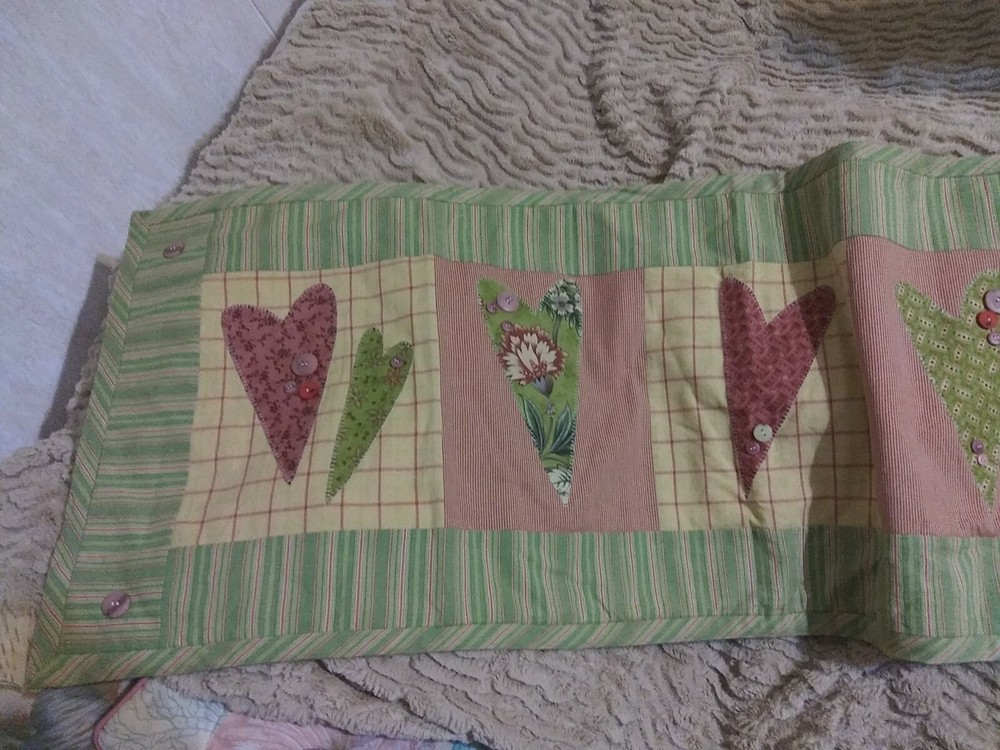 Handmade Patchwork Quilted RUNNER 16X47 COUNTRY Hearts Primitive OOAK