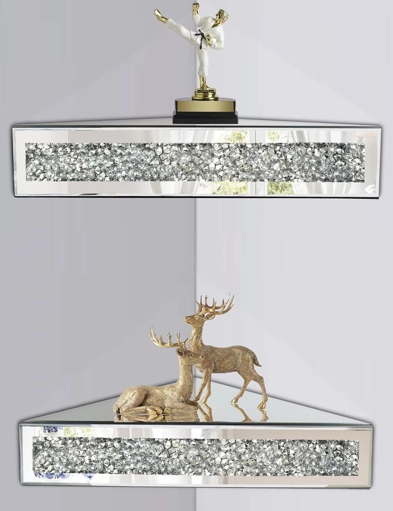 Mirrored Floating Corner Shelf, Silver Mirror Crushed Diamond Decorative Wall Sh