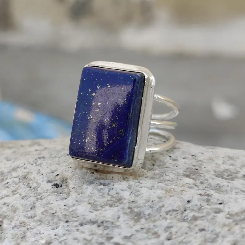 Solid 925 Sterling Silver Natural Lapis Lazuli Square Gemstone Triple Band Ring