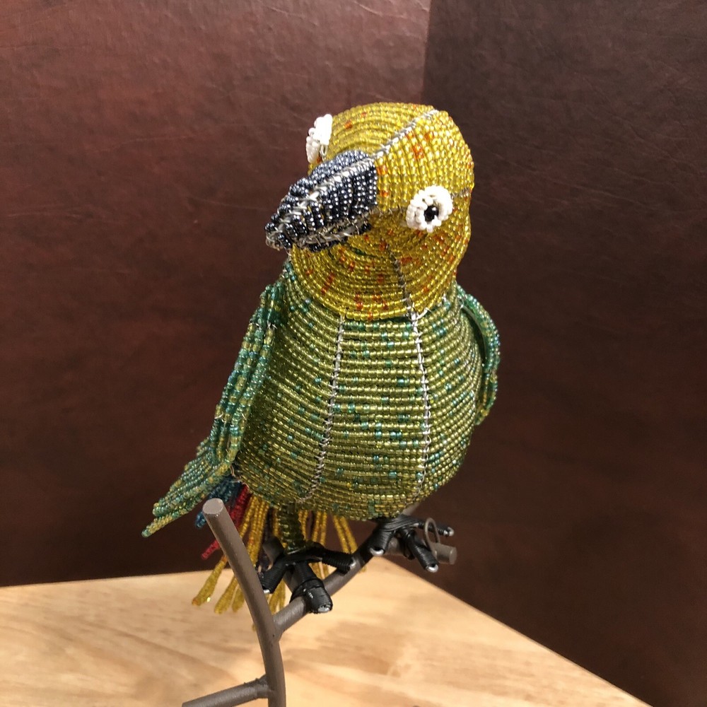 Parrot Sculpture with perch on stand Beaded Beautiful