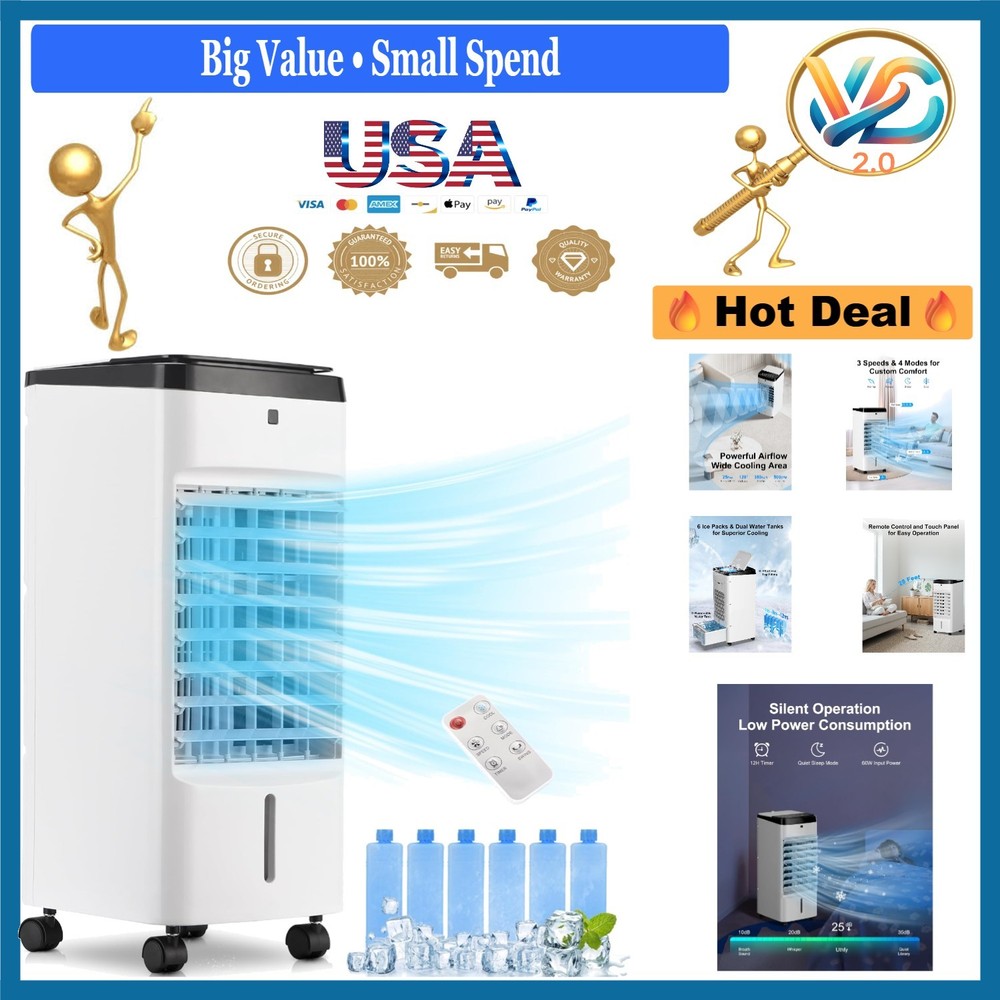 Portable 3-in-1 Evaporative Cooler with Water Tank, Ice Packs, Remote, 4 Modes