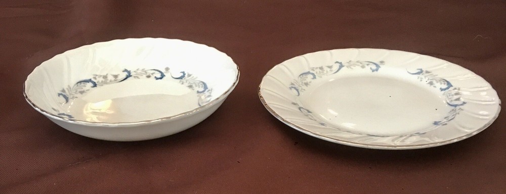VINTAGE Camelot Dinnerware GRACIOUS Gray Floral Blue Scroll Swirled (1990) 5-PC