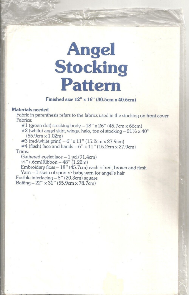 TOURS TRULY ANGEL CHRISTMAS STOCKING SEWING PATTERN ©1980