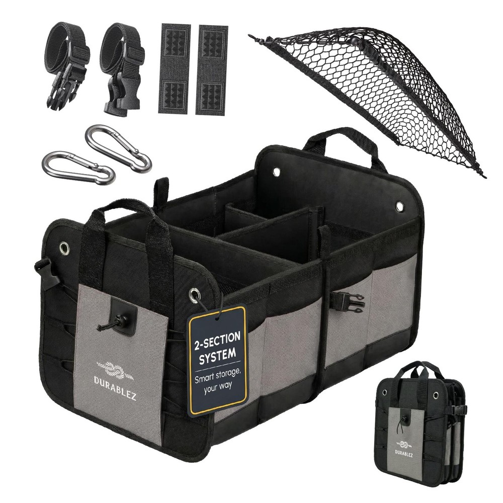 Compact Car Trunk Organizer 2-Section – Grocery, Tools, gray 2-section large