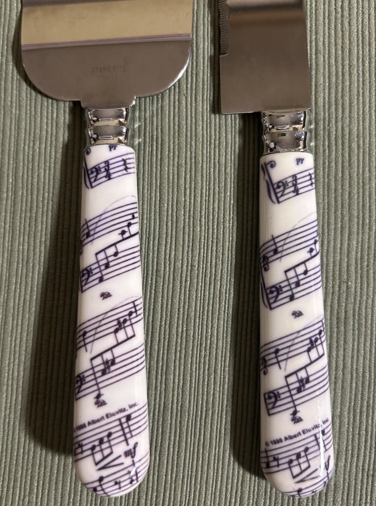 Musical Note Serrated cake knife and server set White W/purple Design Handle