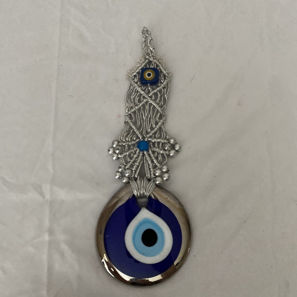 Evil Eye with Silver Macrame Wall Hanging for Bad Luck Protection
