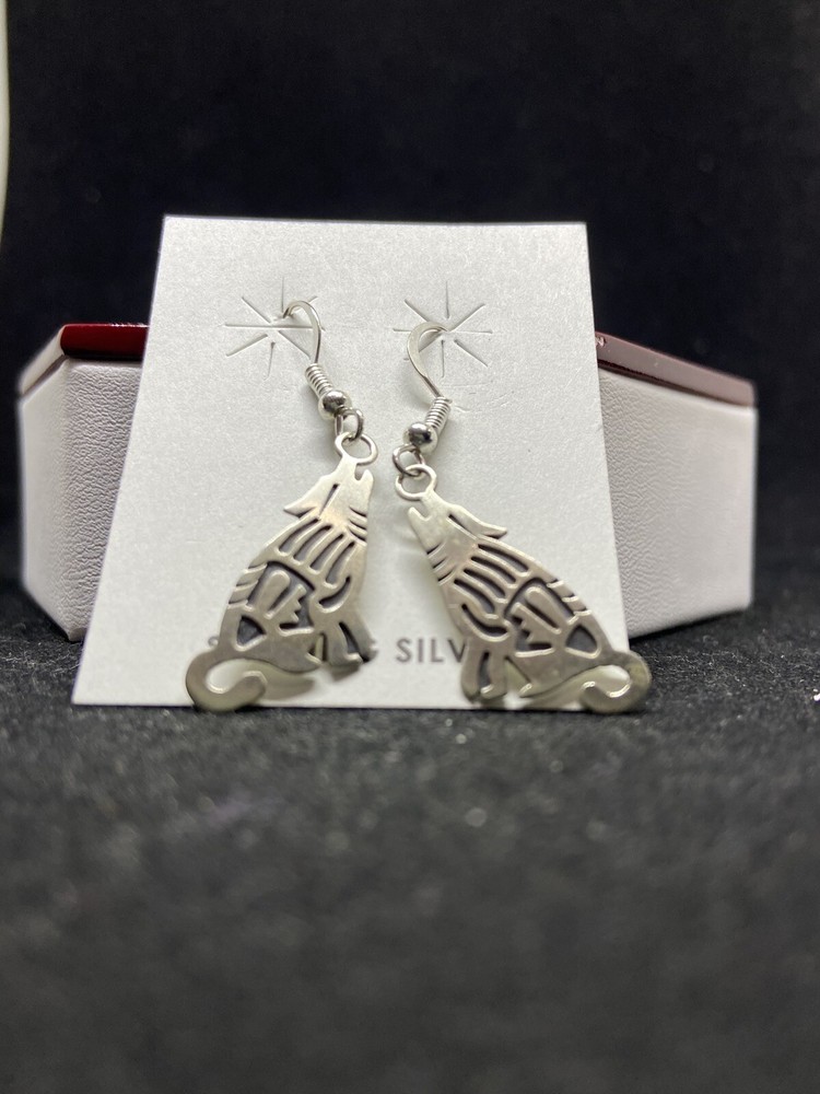 Handmade Native American Navajo plain sterling silver wolf dangle earrings