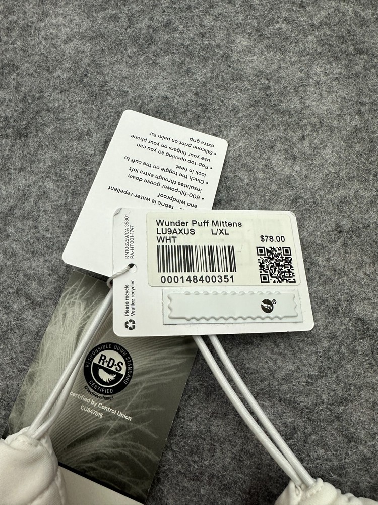 Lululemon Wunder Puff Down Mittens WHT White Size L/XL