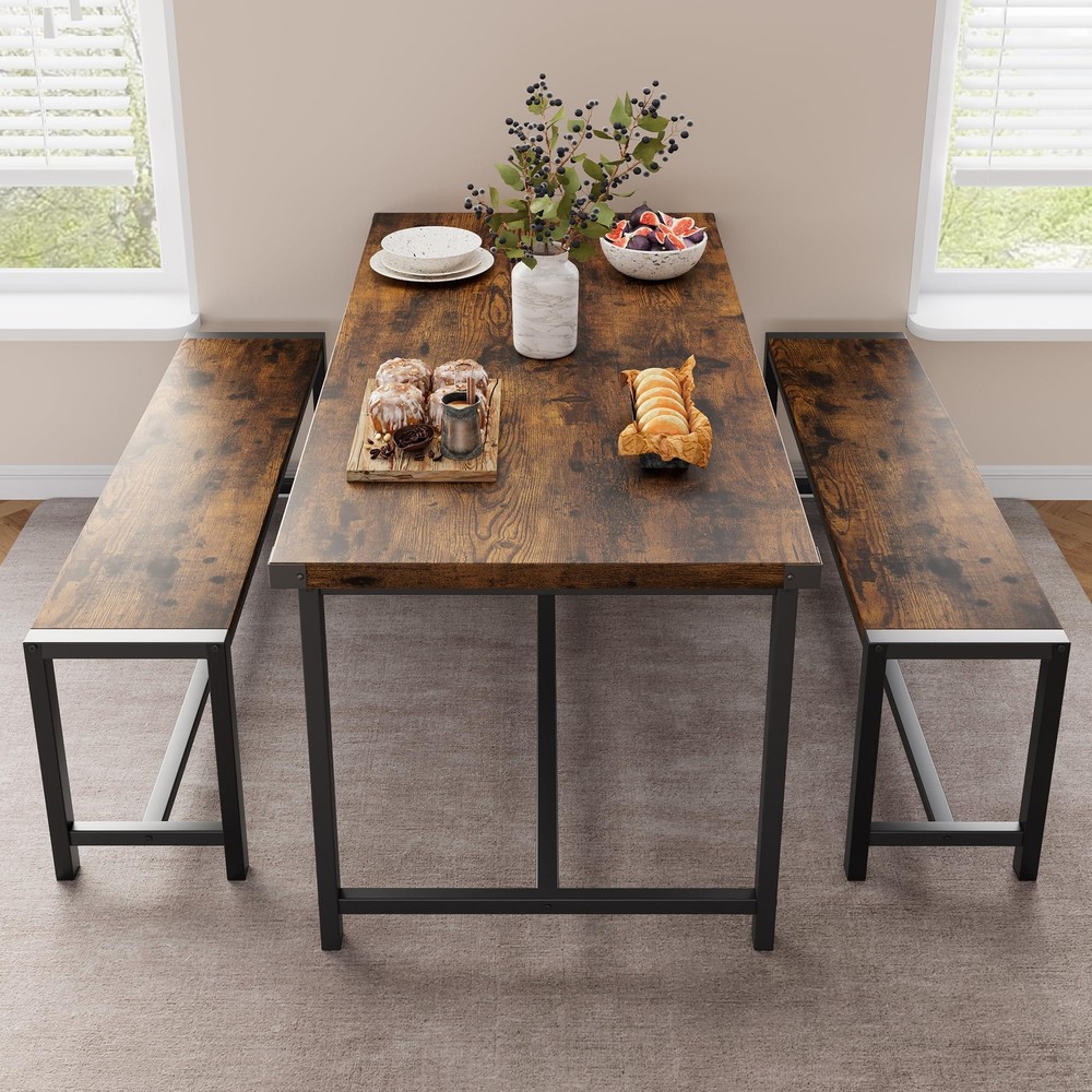 Dining Room Table Set for 4 ,Modern Kitchen Table and 2 Benches for Small Space