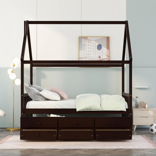 Solid Wood Captain’s Bed Full Size House Bed Frames w/ Trundle & Storage Drawers
