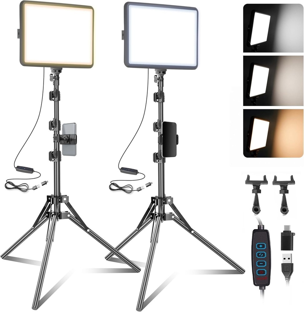 Compact LED Light Panel Kit - 2-Pack with Adjustable Tripod & Brightness Control