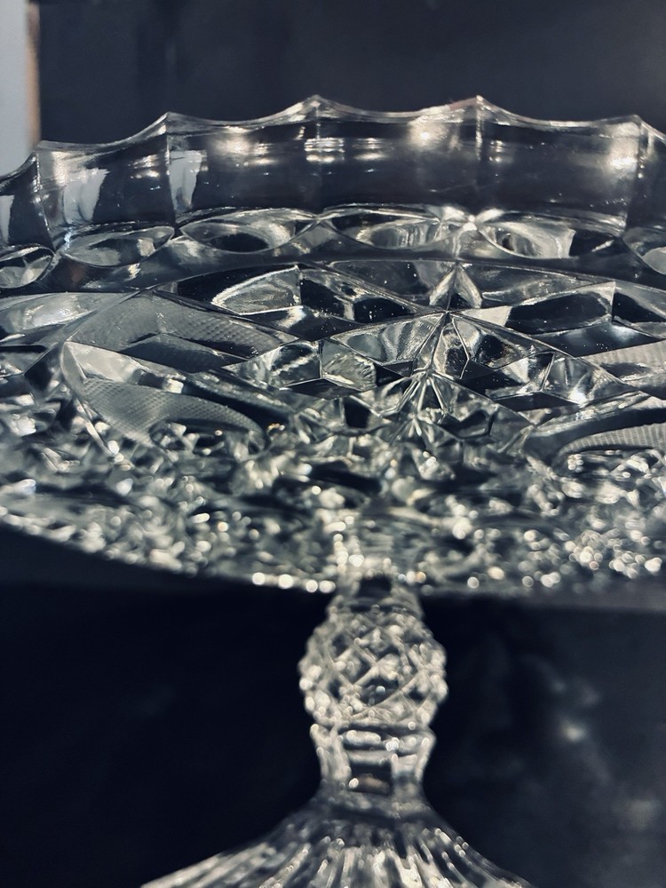 Vintage HEAVY Pressed Glass Cake Stand Hobstar Starburst Pattern EAPG Style