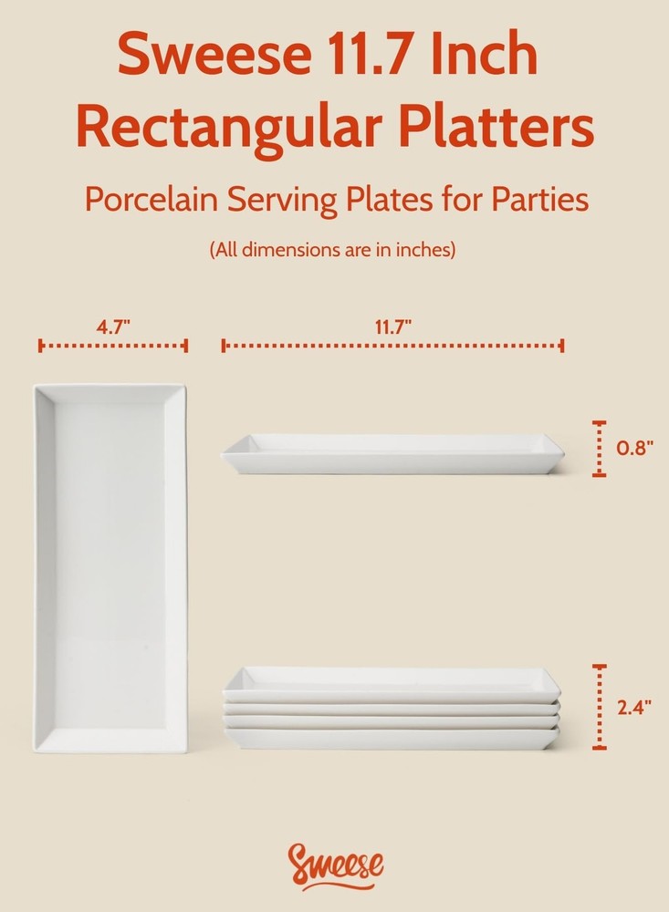 Sweese Porcelain Serving Platters 11.7" - Elegant White Rectangular Plates