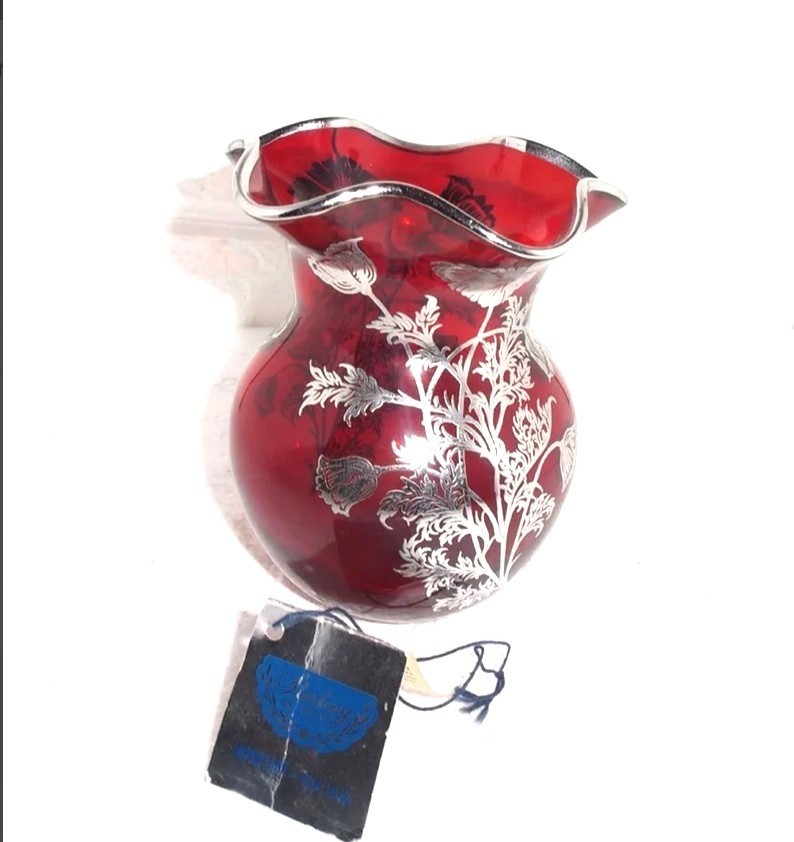 Sterling silver embossed red glass vase