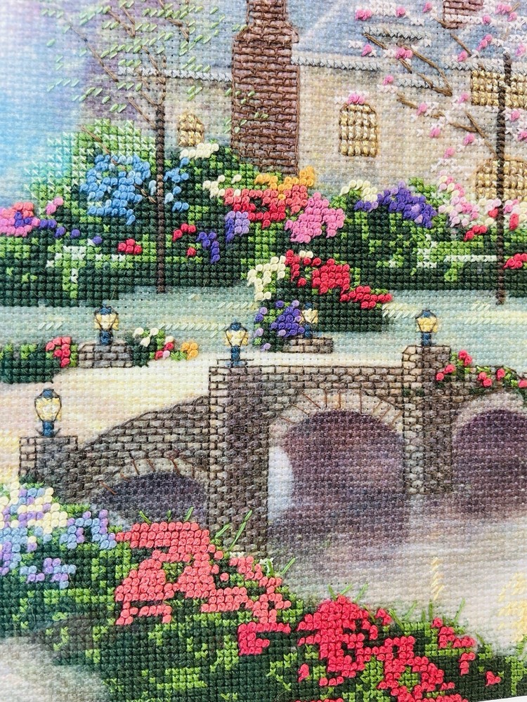 Thomas Kinkade "Beyond Spring Gate" Completed Cross Stitch Matted Framed 24”x21”