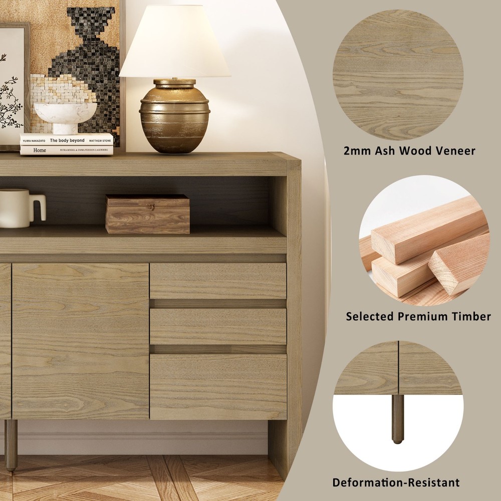 Modern Solid Wood Sideboard Storage Cabinet Console Table With 3 Doors 3 Drawers