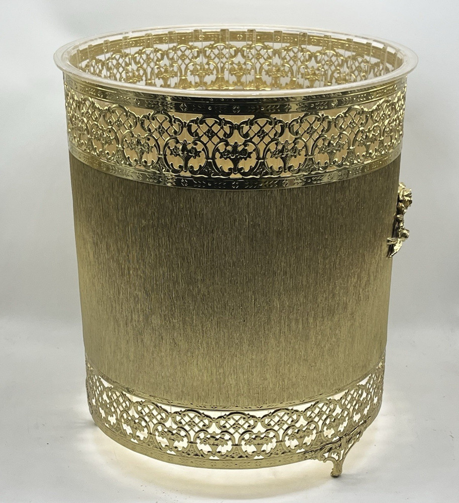 Vtg Hollywood Regency Ormolu Trash Can Gold Roses Plastic Insert