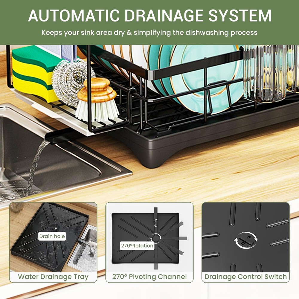 1 Tier Dish Drying Rack with Drainboard – Rust Resistant Iron Kitchen Dish Ra...