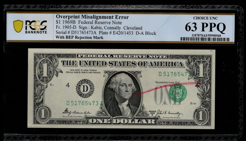 1969b $1 FRN Overprint Misalignment Error BEP Rejection Mark PCGS 63PPQ