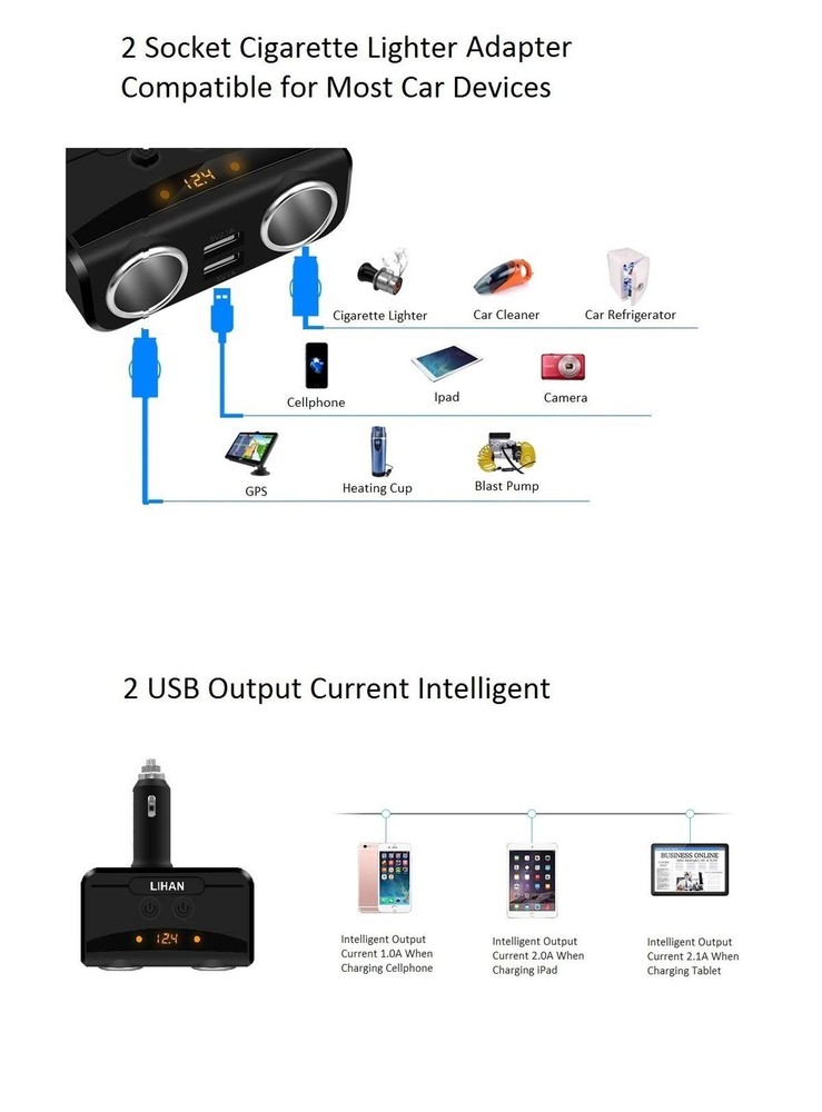 LIHAN 2 Socket Cigarette Lighter Adapter, Car Charger Plug Medium, Black