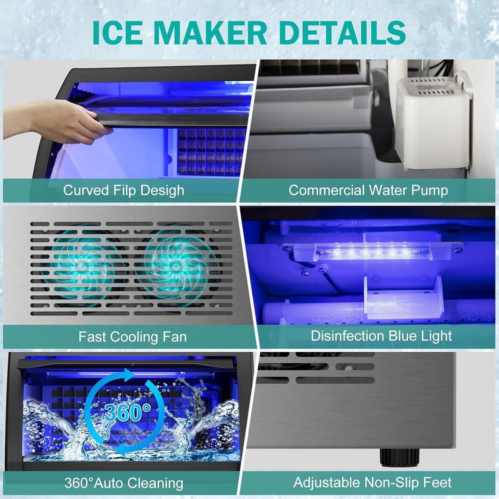 Efficient Stainless Steel Ice Maker, 150Lbs Daily Output, 45Lbs Storage Capacity
