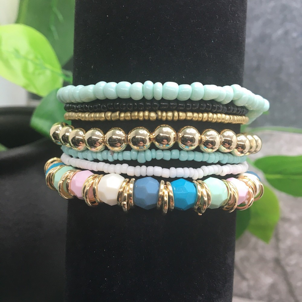 7 PC Handmade Bohemian Beaded Stackable Stretch Bracelet Set New 9827
