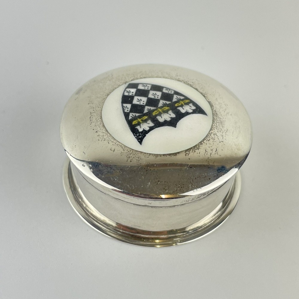 Antique Solid Silver Enamel Pill Box Armorial John William Barrett 1920 3.8cm