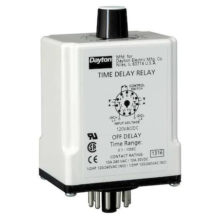 Dayton 24En97 Single Function Time Delay Relay, Octal, Off Delay, 1 Functions