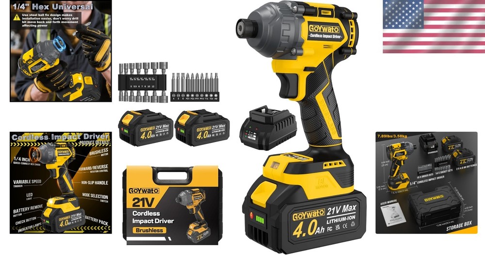 Powerful Brushless Cordless Impact Driver - 2 Batteries & 14 Socket Set